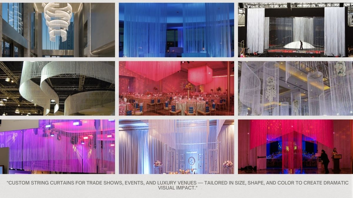 Made-to-order string curtains for trade shows, weddings, and branded event spaces. Cut to your exact size. 20+ colors available. Fast turnaround.