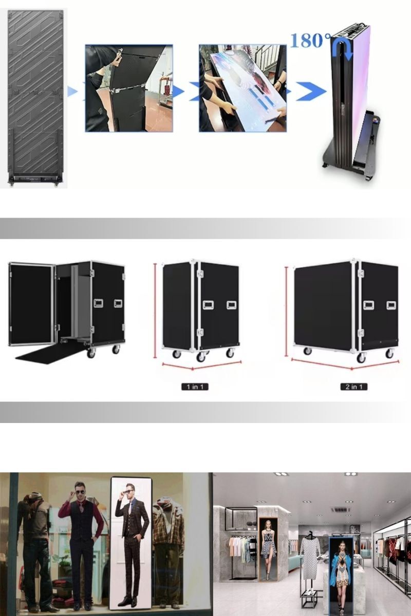 Folding LED E-Poster Display setup and transport case examples with retail use case