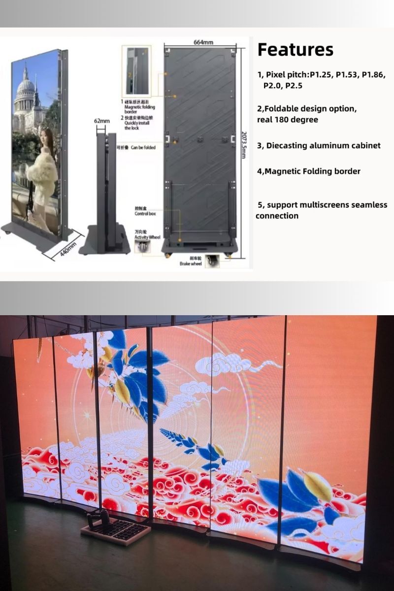 Folding LED poster display at trade show booth