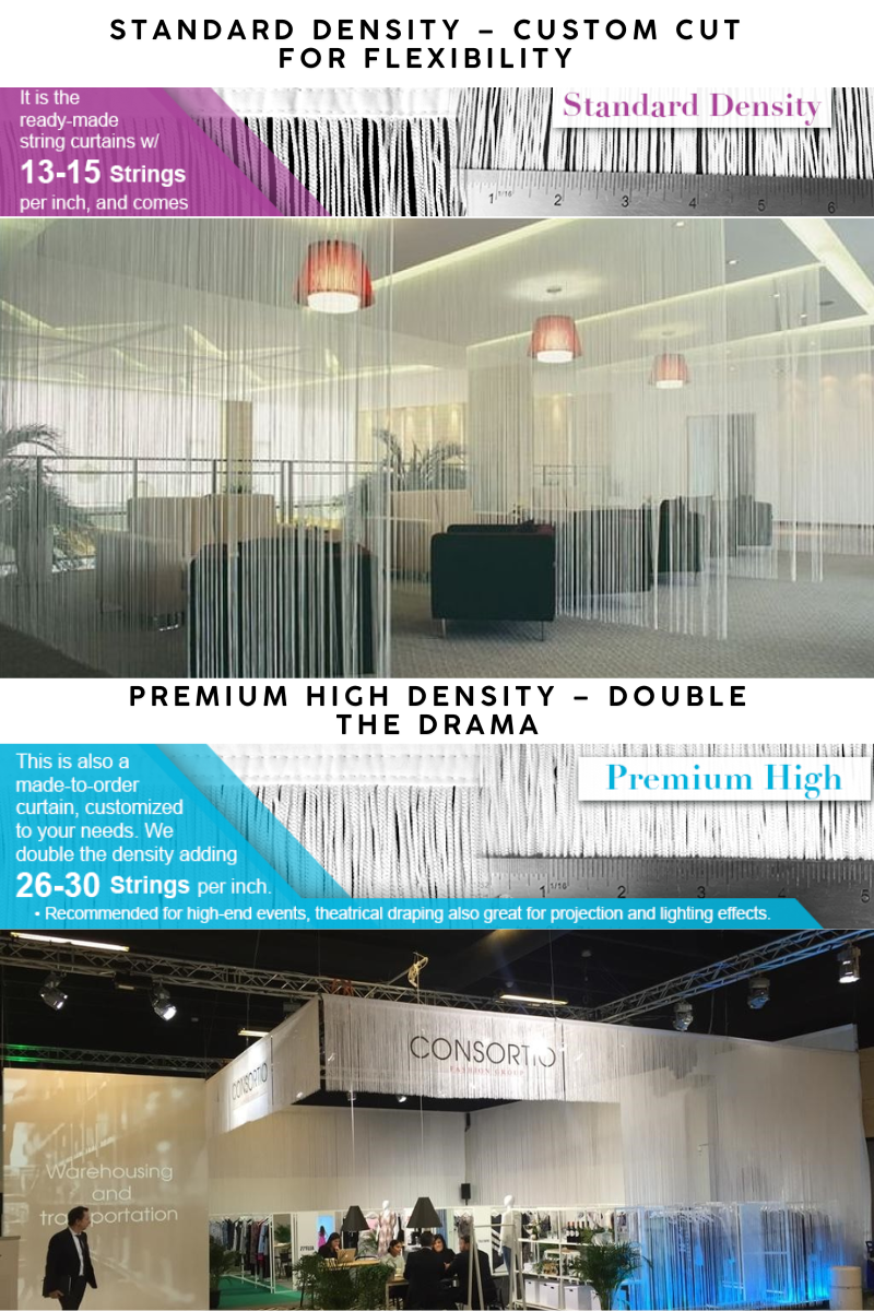 “Premium high-density white string fringe curtains hanging at an event venue – ideal for projection, stage design, or visual merchandising.”