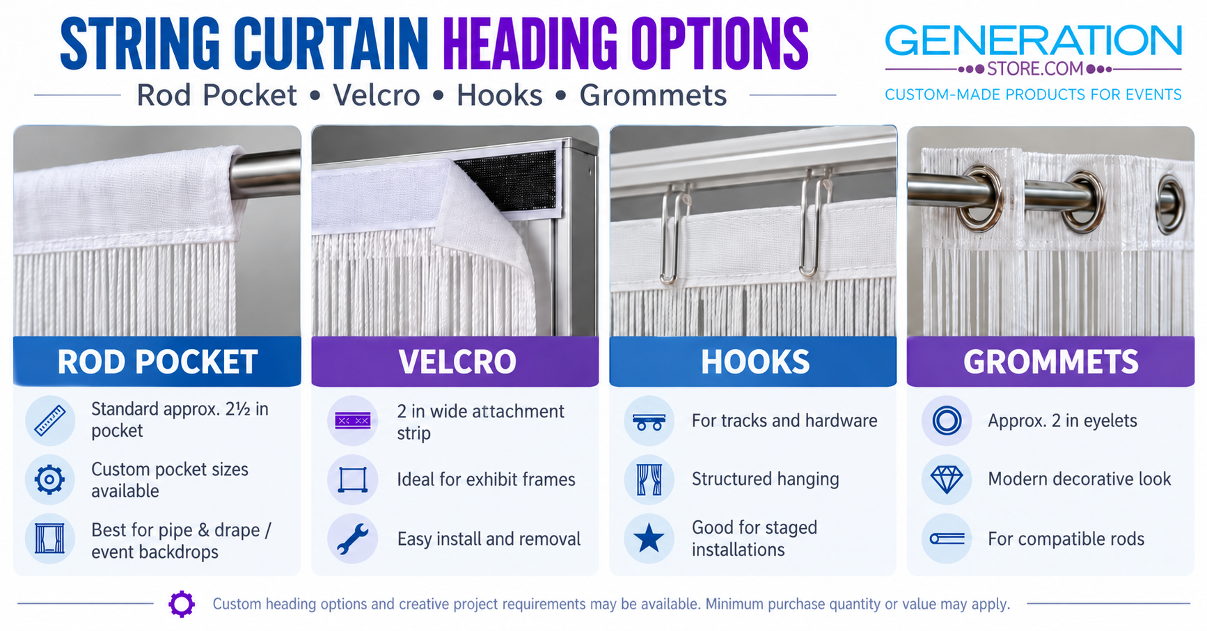 Comparison of four string curtain heading options: Rod Pocket, Velcro Strip, Hooks, and Grommets for event and trade show installations.